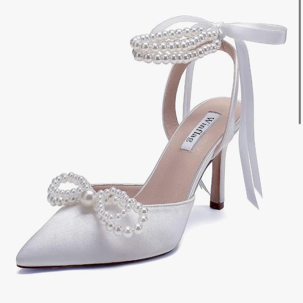Pointy White Pearl Bridal Heels - Picture 2 of 10